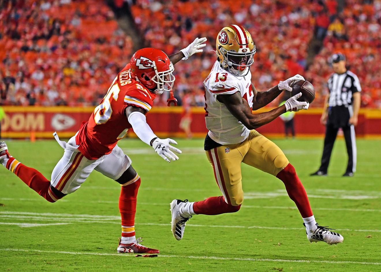 Niners WR Richie James catches a pass against the Kansas City Chiefs on August 24, 2019.