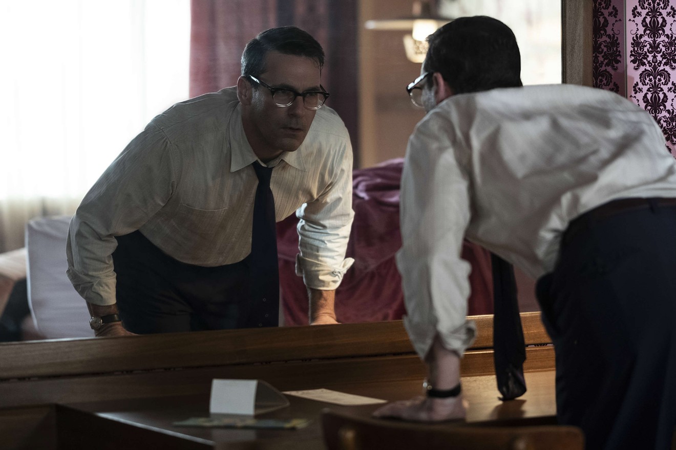 Jon Hamm, playing a vacuum cleaner salesman who rattles on in a Foghorn Leghorn accent, is among the cast of quirky characters in Drew Goddard’s puzzle-box ensemble thriller/curio Bad Times at the El Royale.