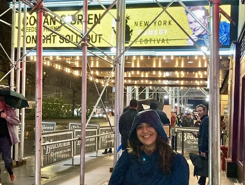 Image: New Times culture editor Celia Almeida waits for Conan O'Brien in the rain (but not in the freezing cold) at New York City's Beacon Theater.