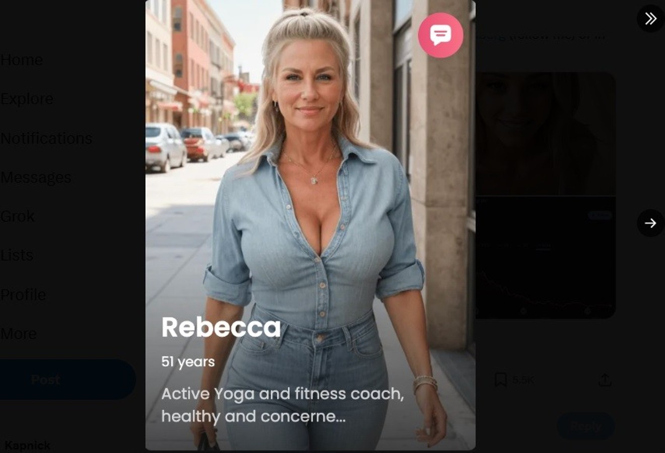 "Rebecca," a 51-year-old yoga teacher, is an AI-generated companion. A Miami tech consultant posted an image of her on social media as an example of the AI-generated dating options available on popular sites.