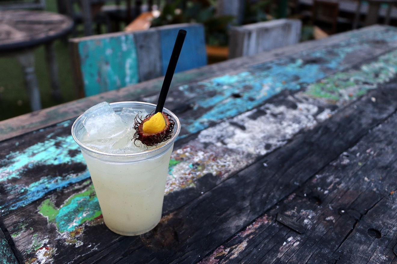 The Birds of Paradise cocktail uses vanilla, lime juice, kiwi, pineapple, rambutan, and Elyx vodka.
