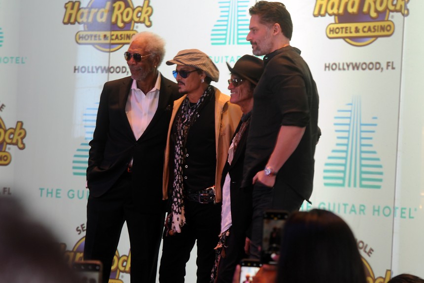 Guitar Hotel's debut featured red-carpet headliners Morgan Freeman (from left), Johnny Depp, Joe Perry, and  Joe Manganiello - PHOTO BY KEVIN J. BERG