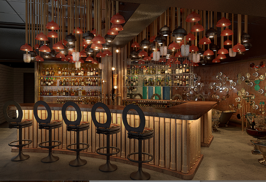 A rendering of a cocktail bar inside Julia & Henry's. - RENDERING BY STAMBUL