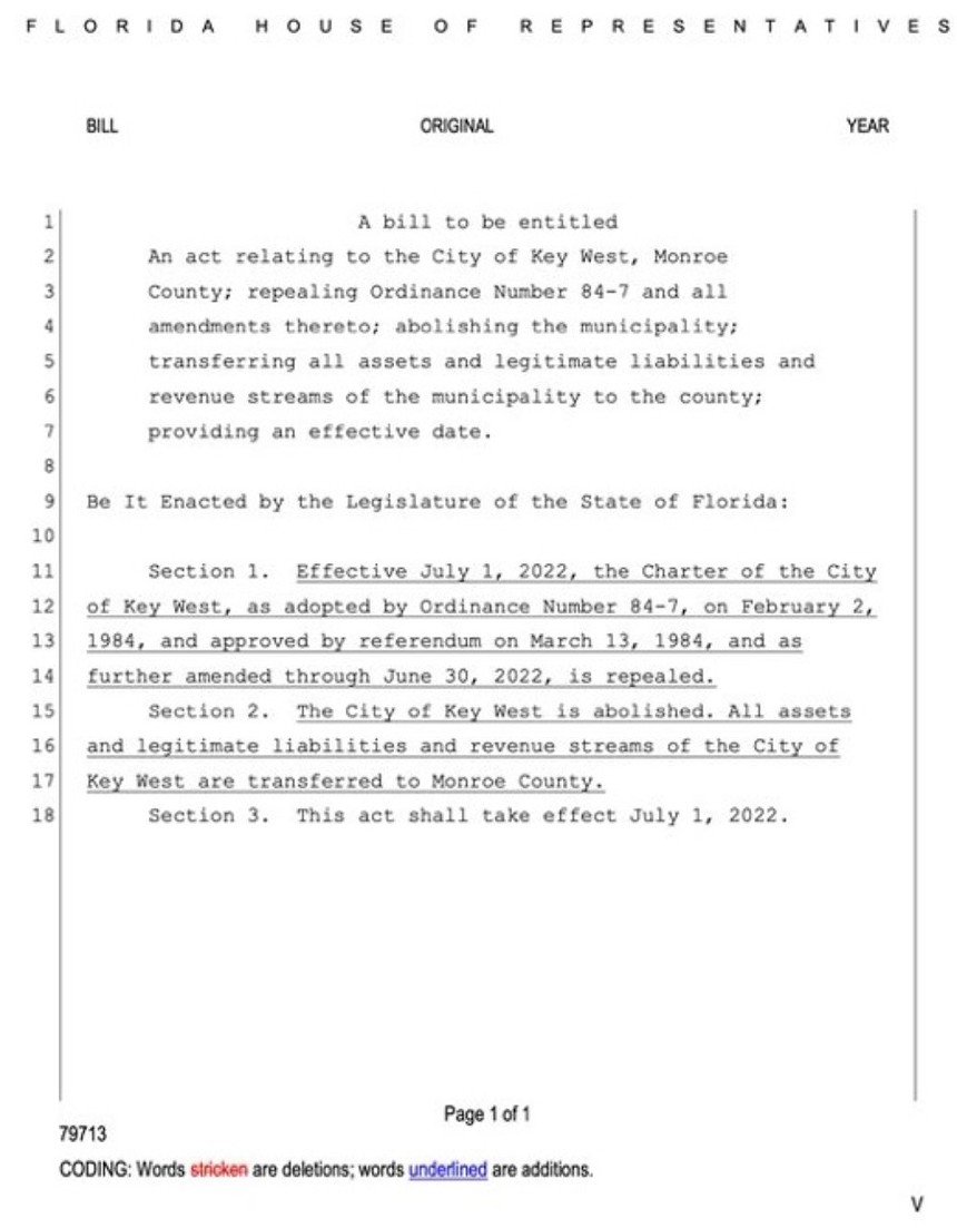 A screenshot of the draft for a would-be proposed bill that seeks to "abolish" the City of Key West. - SCREENSHOT OF DRAFT LANGUAGE