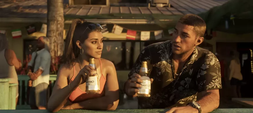 video game screenshot showing a woman and a man toasting with Modelo-like beer bottles