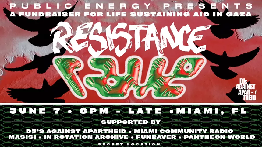 online event flyer for Resistance Wave, with Nicholas G. Padilla, Pressure Point, Duality, Toni Shardai, 619!, Near Dark, Sel.6, Vibraciones, Xilla, gumthewrapper, and Mr. Bitch. 8 pm. Saturday, June 7, in Miami (address revealed day of event). Admission is $17 via shotgun.live
