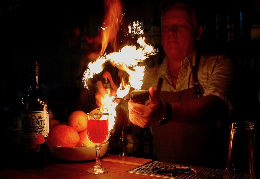 Bartender Brett Hart creates a cocktail as part of his omakase experience at Saxon in Boynton Beach. - PHOTO BY NICOLE DANNA