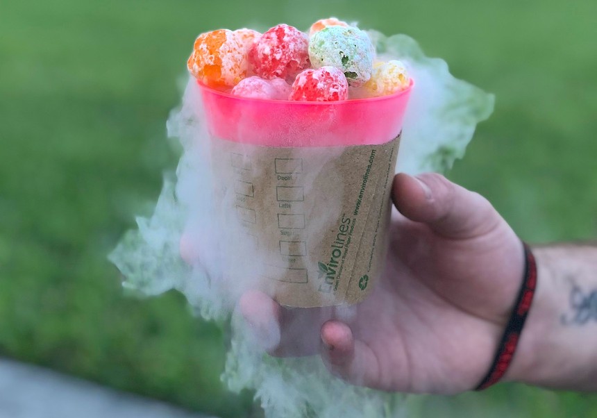 Colored cereal that smokes from liquid nitrogen served by Tornado Foods food truck. - PHOTO BY NICOLE DANNA